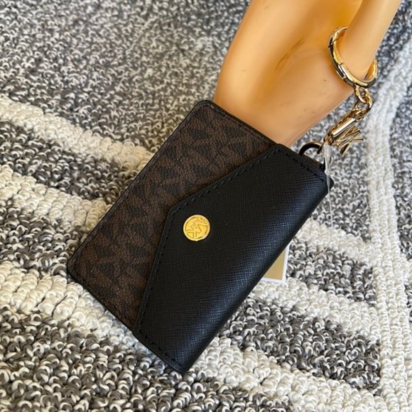 Michael Kors Kala Small Flap Key Ring Card Case Wallet MK Brown Black - Picture 4 of 13